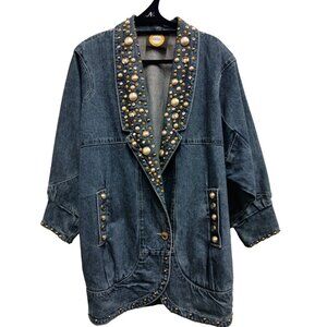 VTG 80s Design Limited Denim Jacket Womens Large Blue Bedazzled Oversized BOHO
